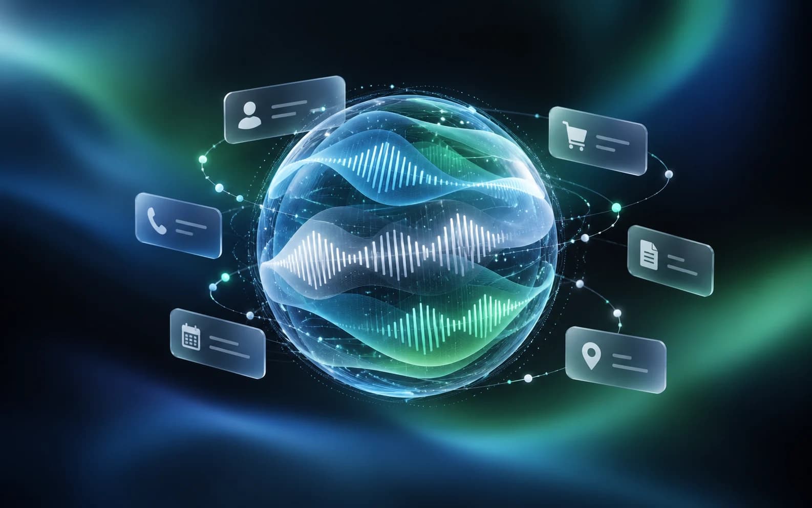 Abstract customer context layers gathered around a voice agent memory core.