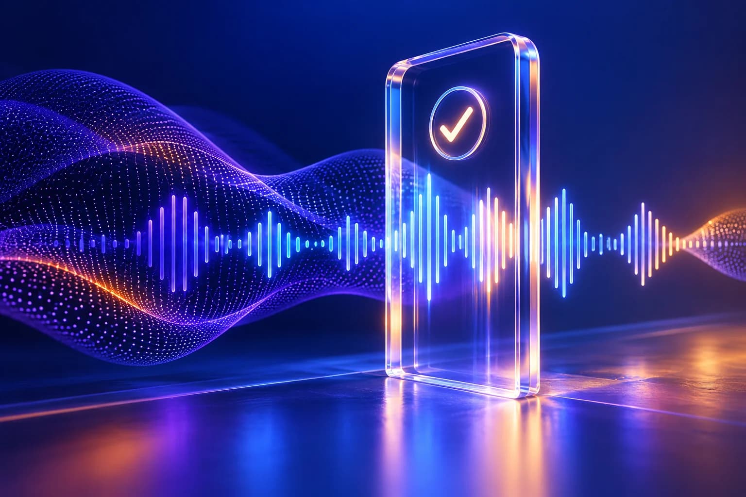 A luminous voice waveform passes through a transparent consent gate with a check symbol on a cobalt and violet gradient.