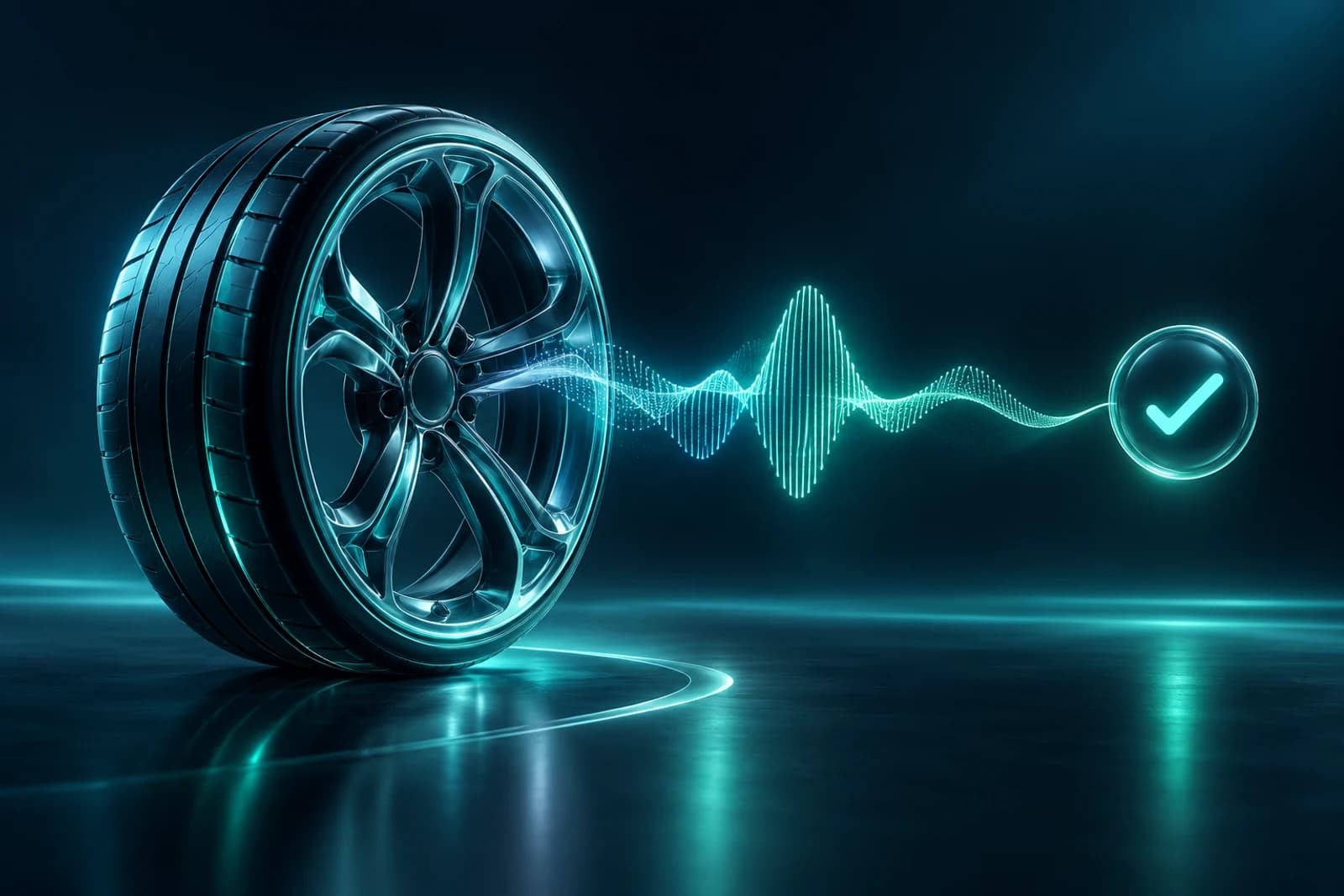 A metallic auto-service wheel connects through a teal voice waveform to a glowing checkmark.