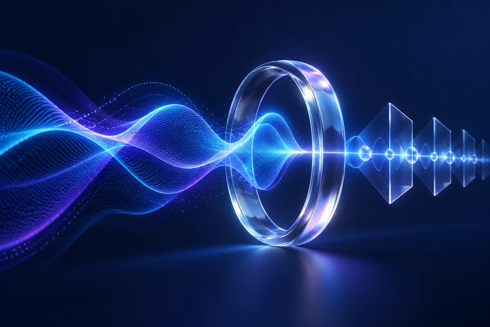A precise luminous waveform passes through a transparent glass ring against flowing blue mesh light.