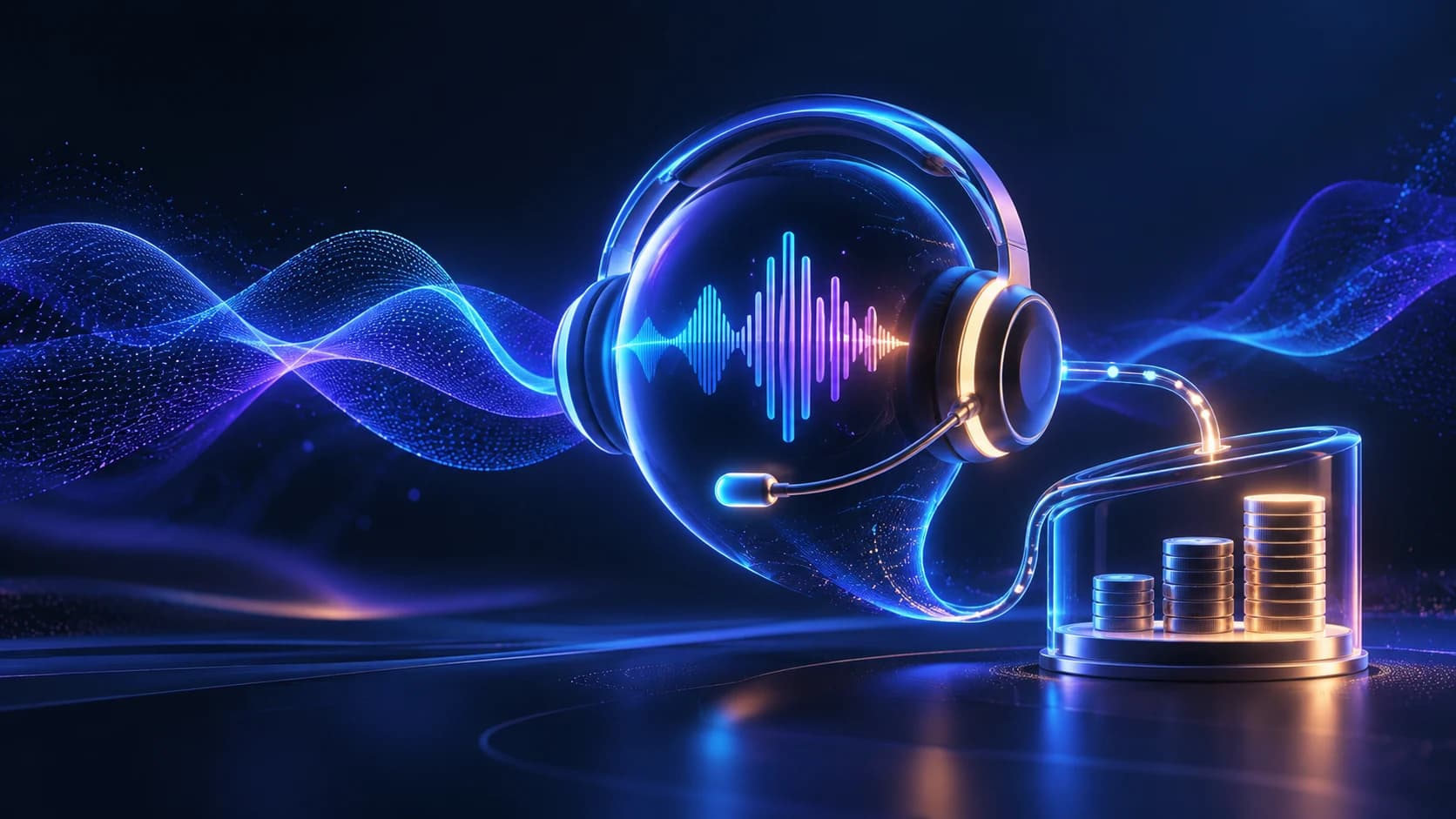A luminous voice headset connected to a tiered cost meter over a midnight blue mesh gradient