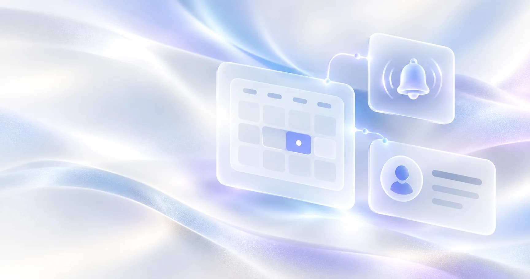 Calendar reminder illustration connecting an appointment, reminder pulse and CRM contact record.