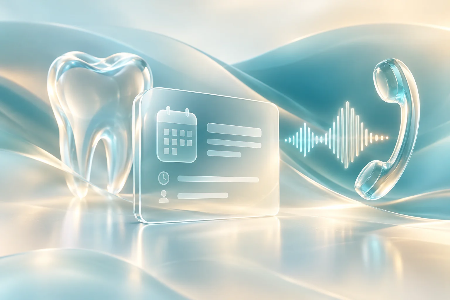 A clean glass dental appointment card and tooth form connected by a luminous phone waveform on an ivory and teal gradient.