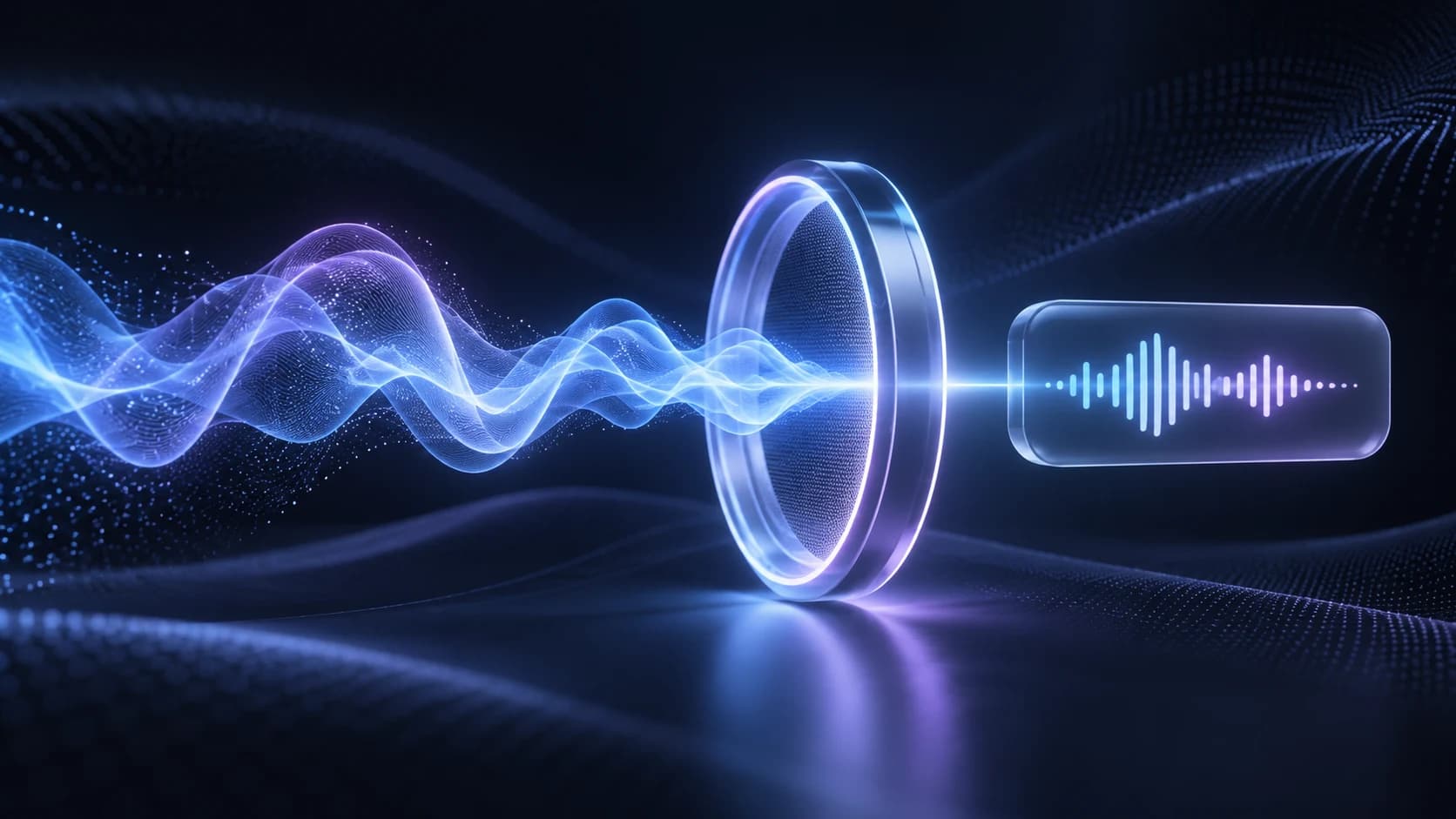 A blue-violet voice waveform passing through a luminous action threshold on a dark mesh gradient