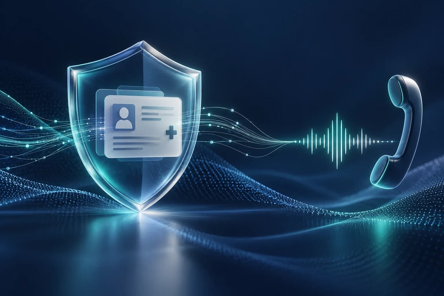 A translucent shield protects a patient record card as a phone waveform travels across a deep blue and teal mesh gradient.