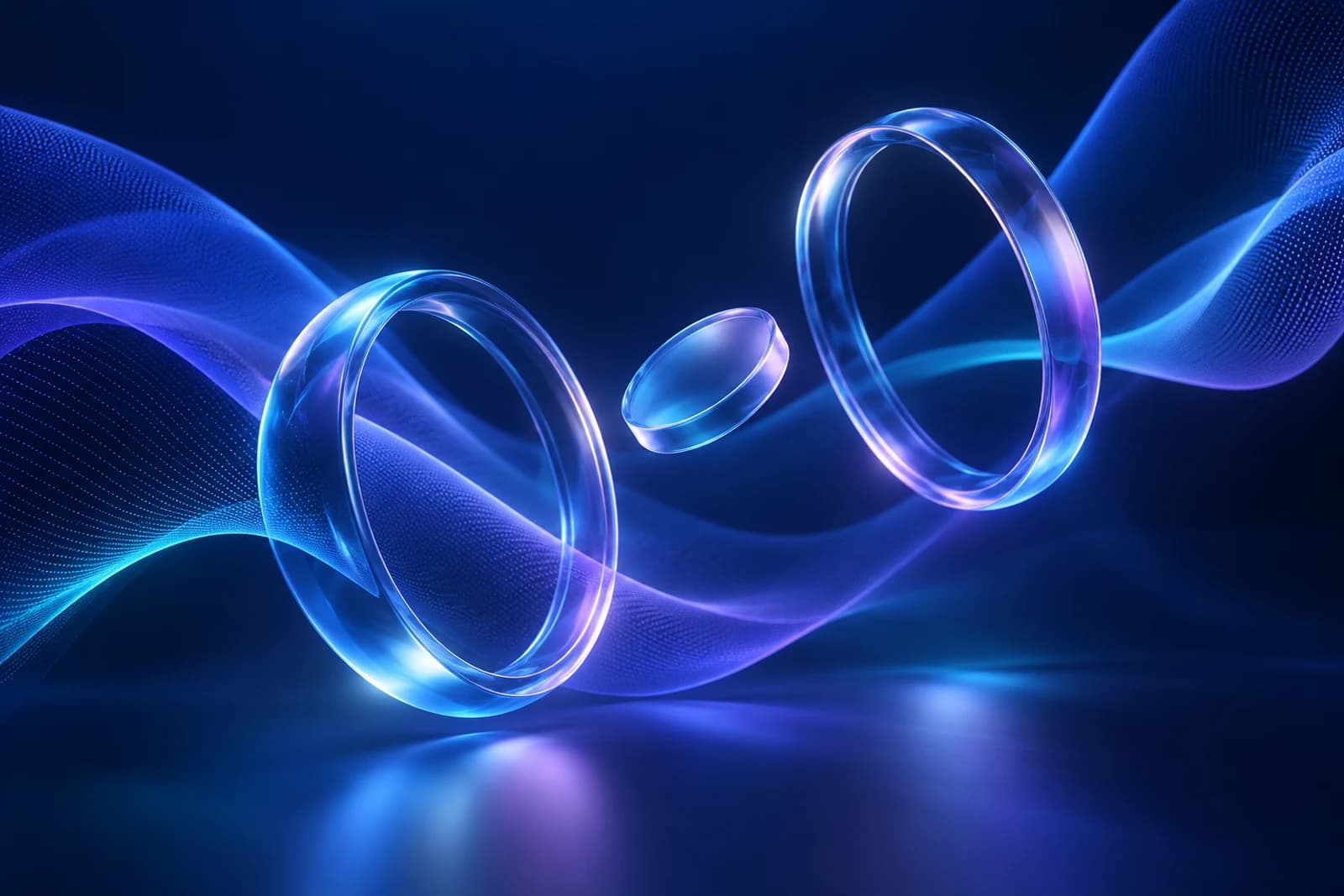 A luminous waveform passes through a glass ring as fine blue and violet mesh waves converge.