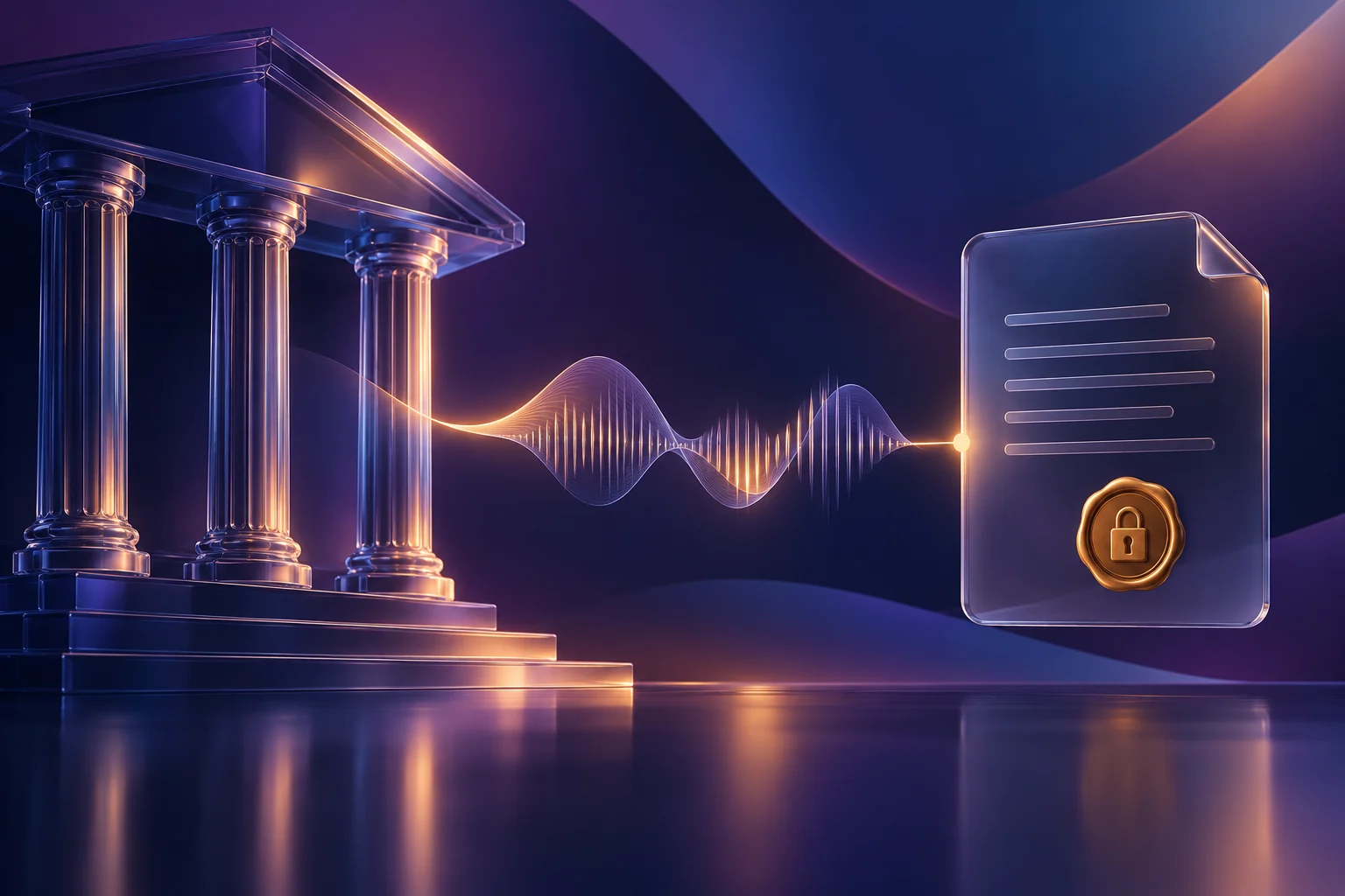 Glass courthouse columns and a sealed confidential intake document connected by a voice waveform on a midnight plum gradient.
