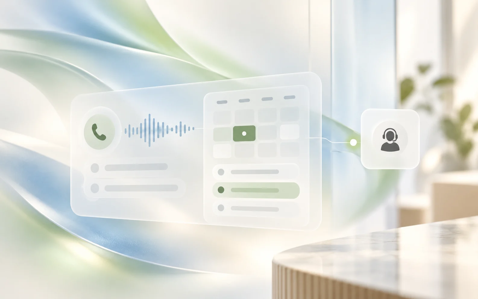 Clinic appointment illustration connecting a voice call, calendar slot and staff handoff.
