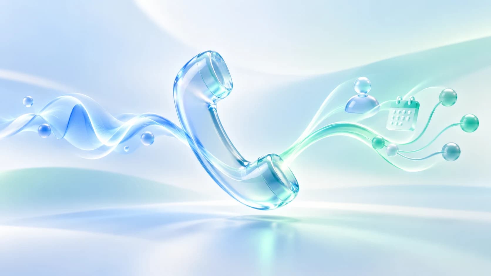 A translucent glass phone receiver branches into a booking path on a soft blue and mint gradient