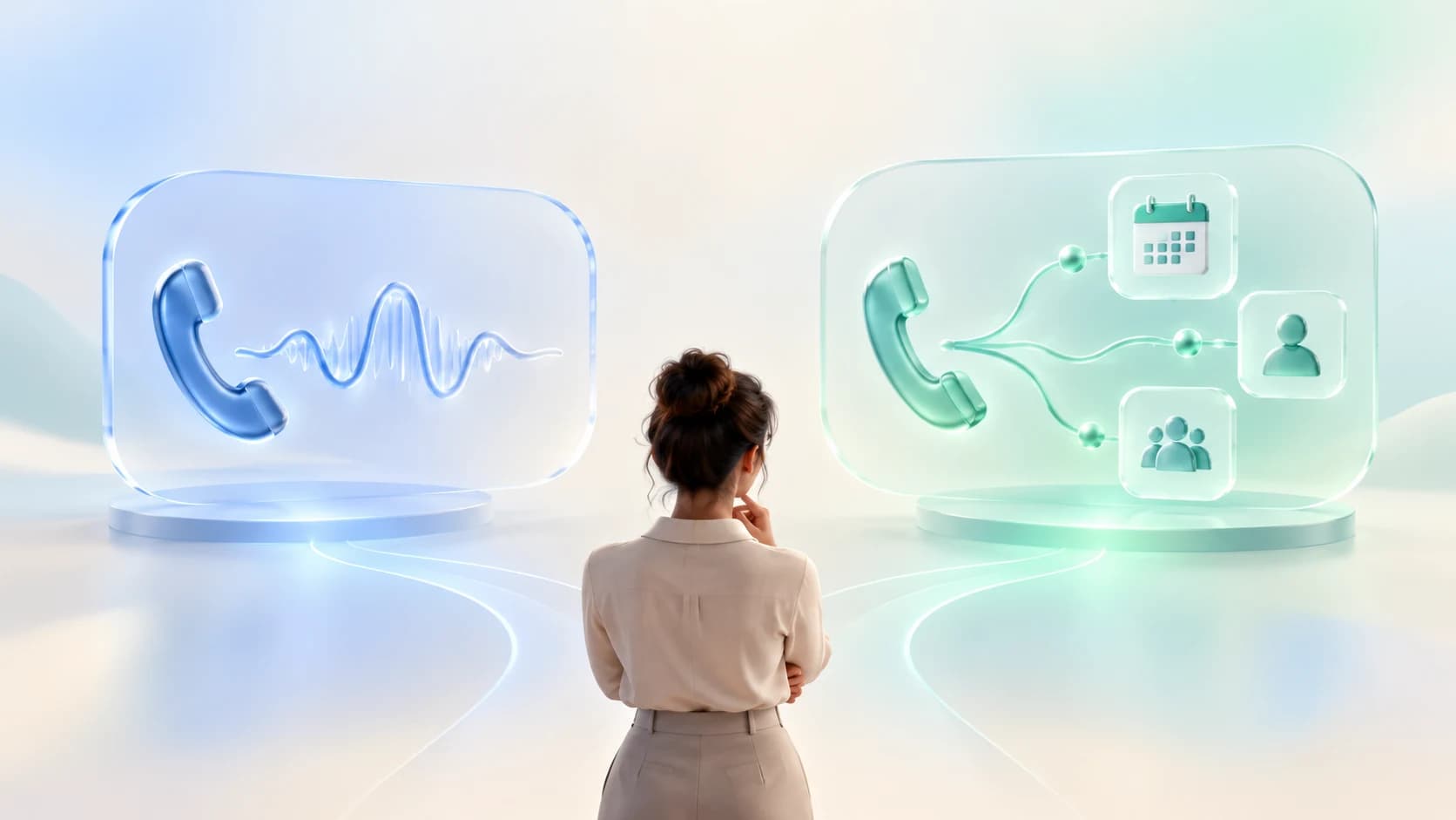 Two distinct translucent AI phone paths, one for answering calls and one for booking and routing, on a soft blue and mint background