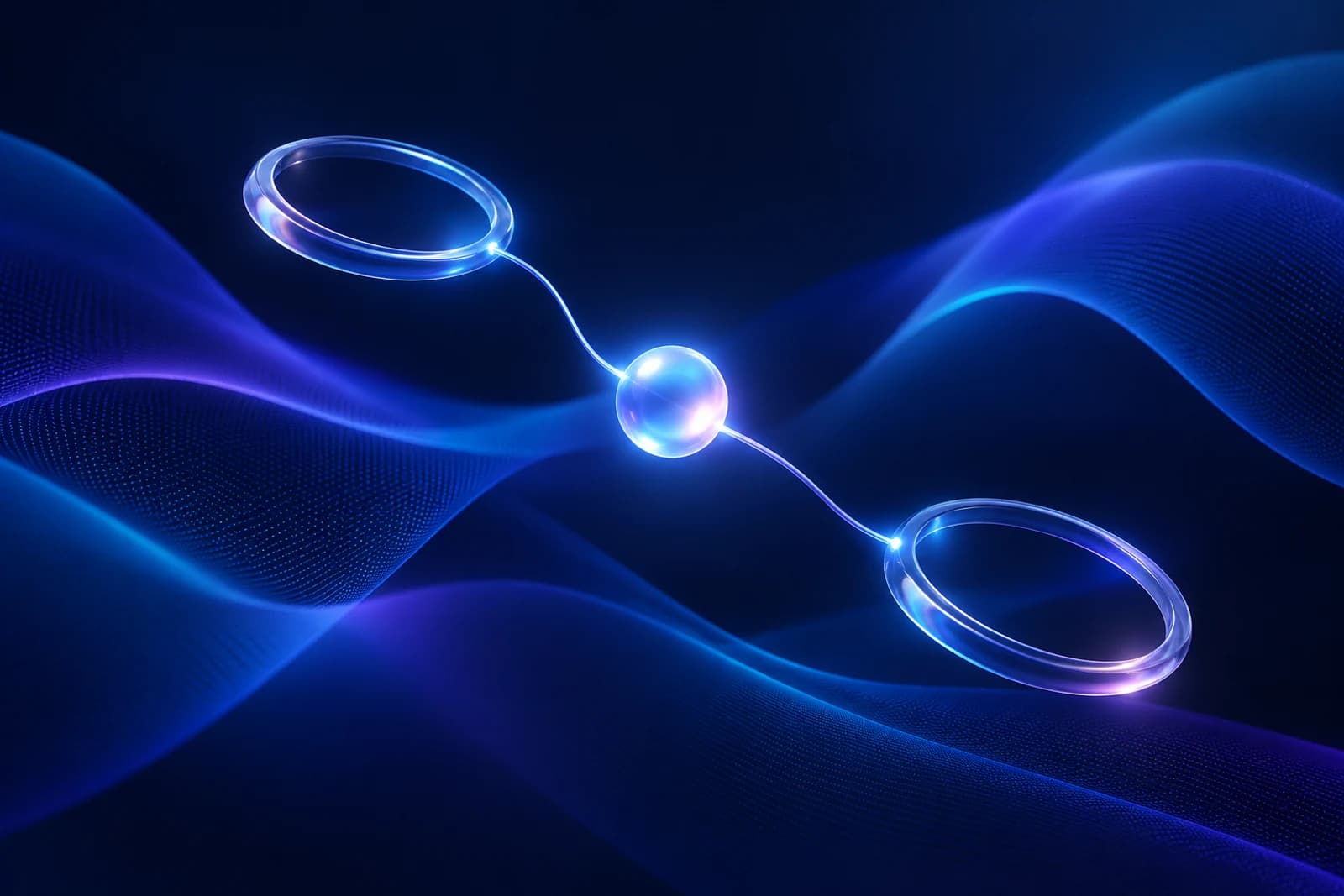 Two luminous glass forms connect through a soft waveform over a deep blue and violet mesh gradient.