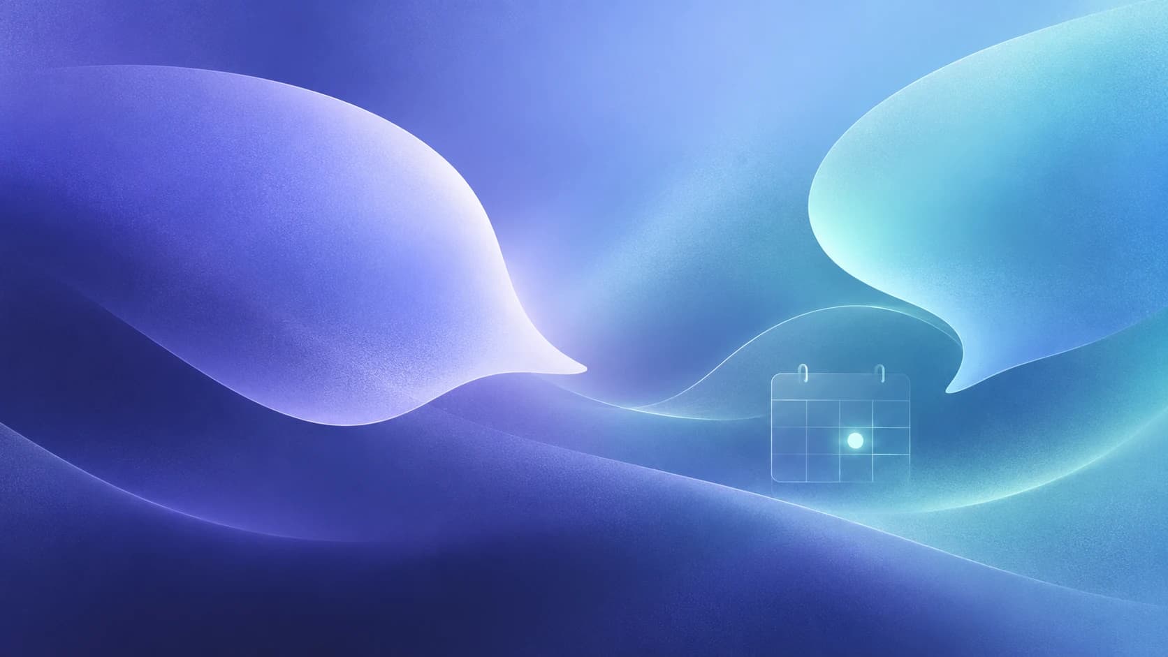 Quo Sona AI receptionist guide artwork: violet and cobalt voice waves connecting to a booking symbol.