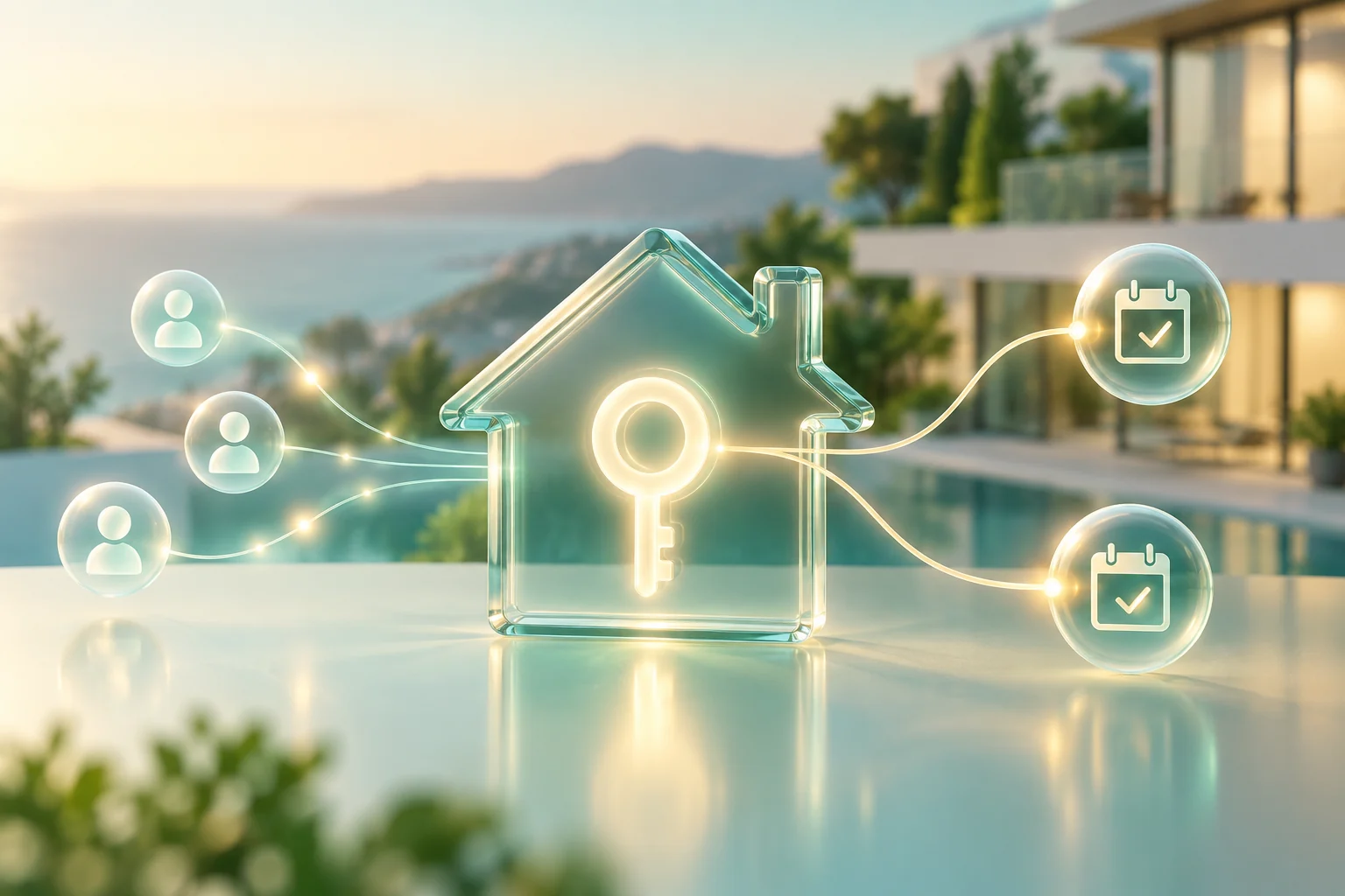 A glass house and key node connect prospective buyer profiles to appointment markers on a bright jade gradient.