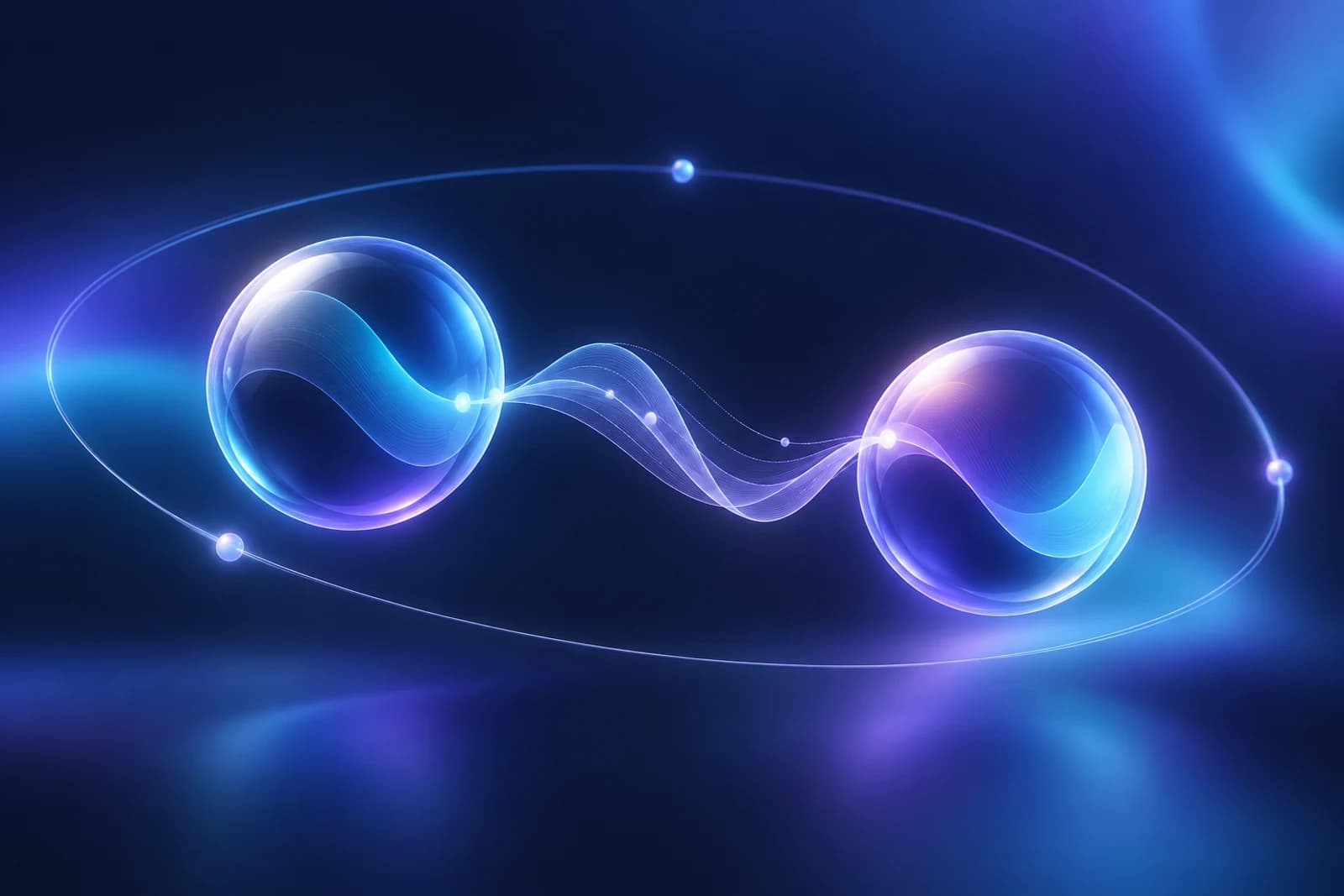 Soft violet and cyan glass orbs are joined by a gentle luminous waveform on a deep blue gradient.