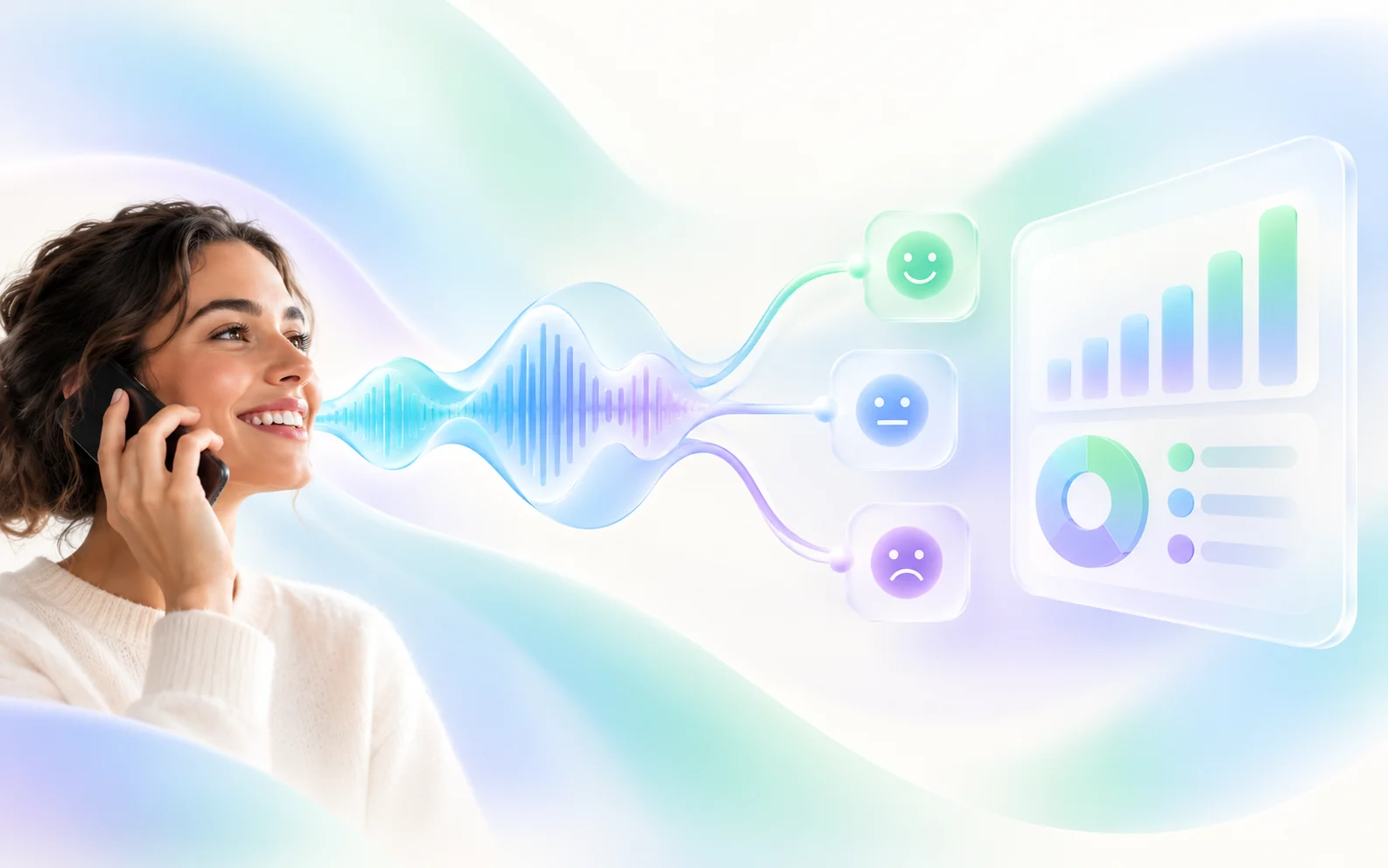 Voice feedback illustration flowing into a simple rating and insight chart.